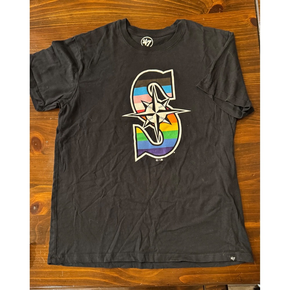 47 Brand Seattle Mariners MLB Pride Rainbow Logo Black T-Shirt Mens Medium
